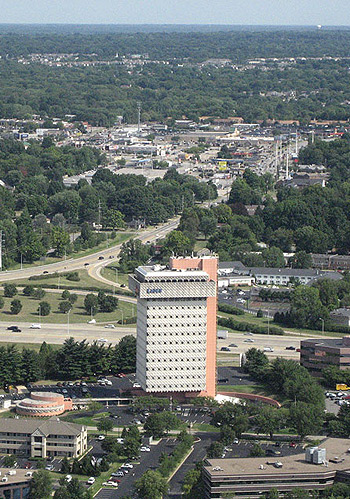 The Kaden Tower is seen from the west in a 2007 aerial view of its setting in suburban Louisville.