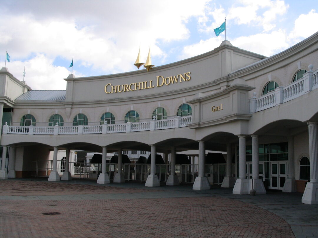 The grandstand and entrance at Churchill Downs, home of the Kentucky Derby