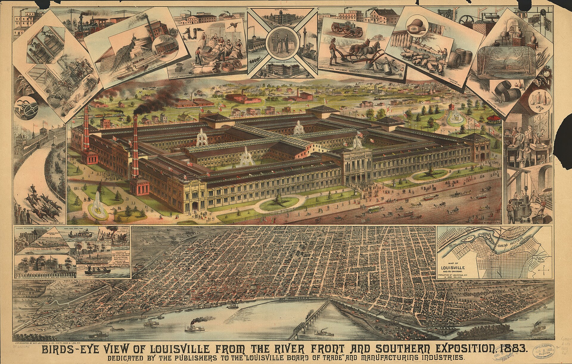 Bird's-eye view of Louisville's riverfront and the 1883 Southern Exposition