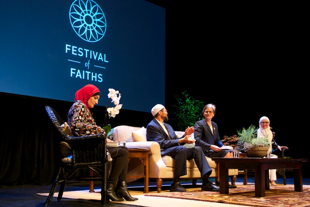Tori Murden McClure moderating a panel discussion at the Festival of Faiths