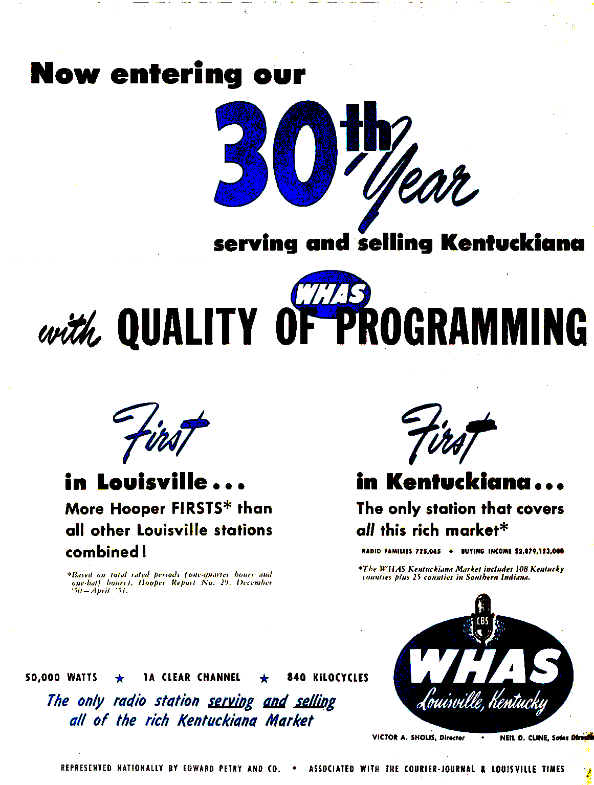 A 1951 advertisement for Louisville radio station WHAS, where Foster Brooks began his broadcasting career