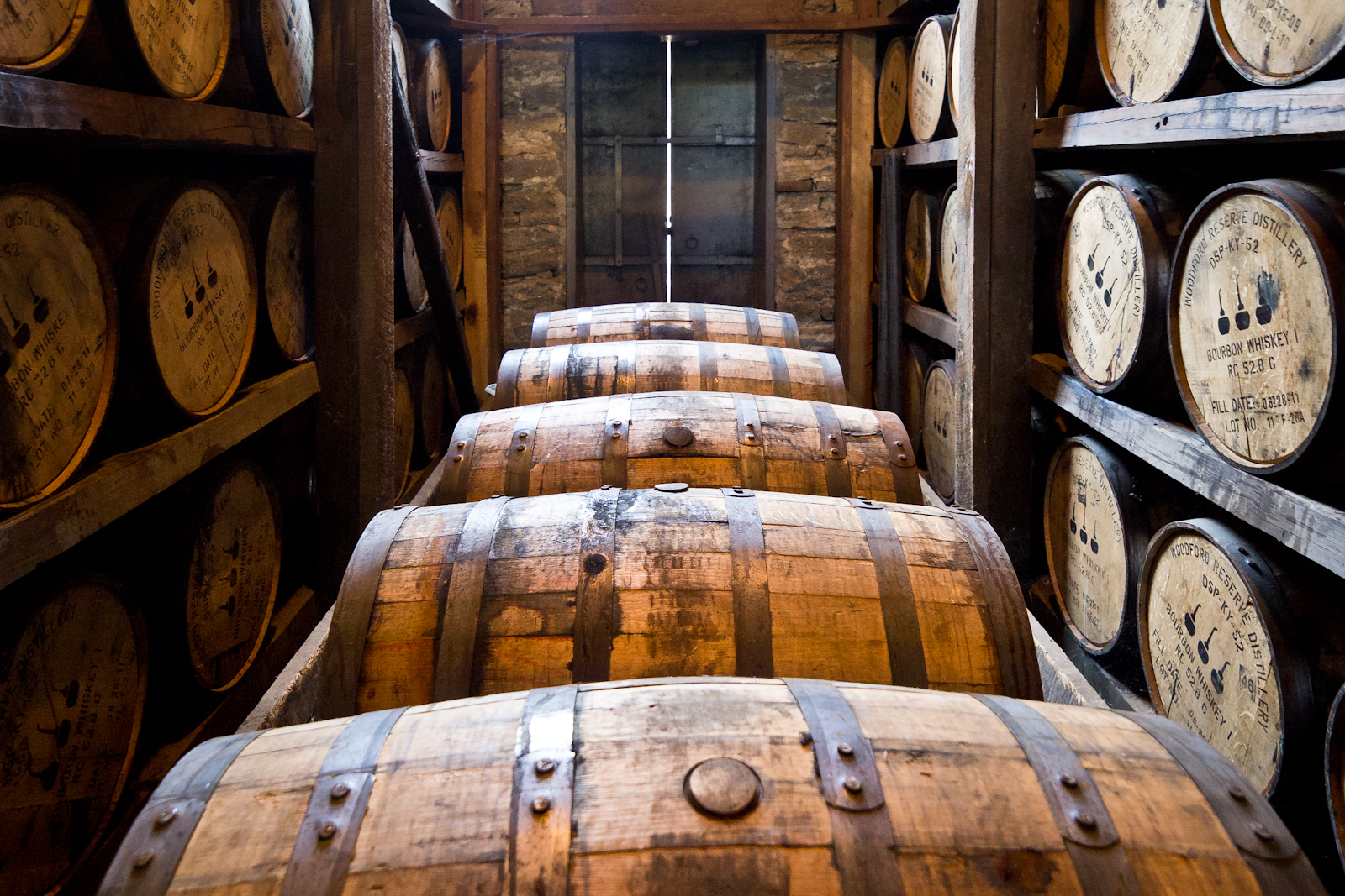 Bourbon barrels aging in a rickhouse at Woodford Reserve distillery